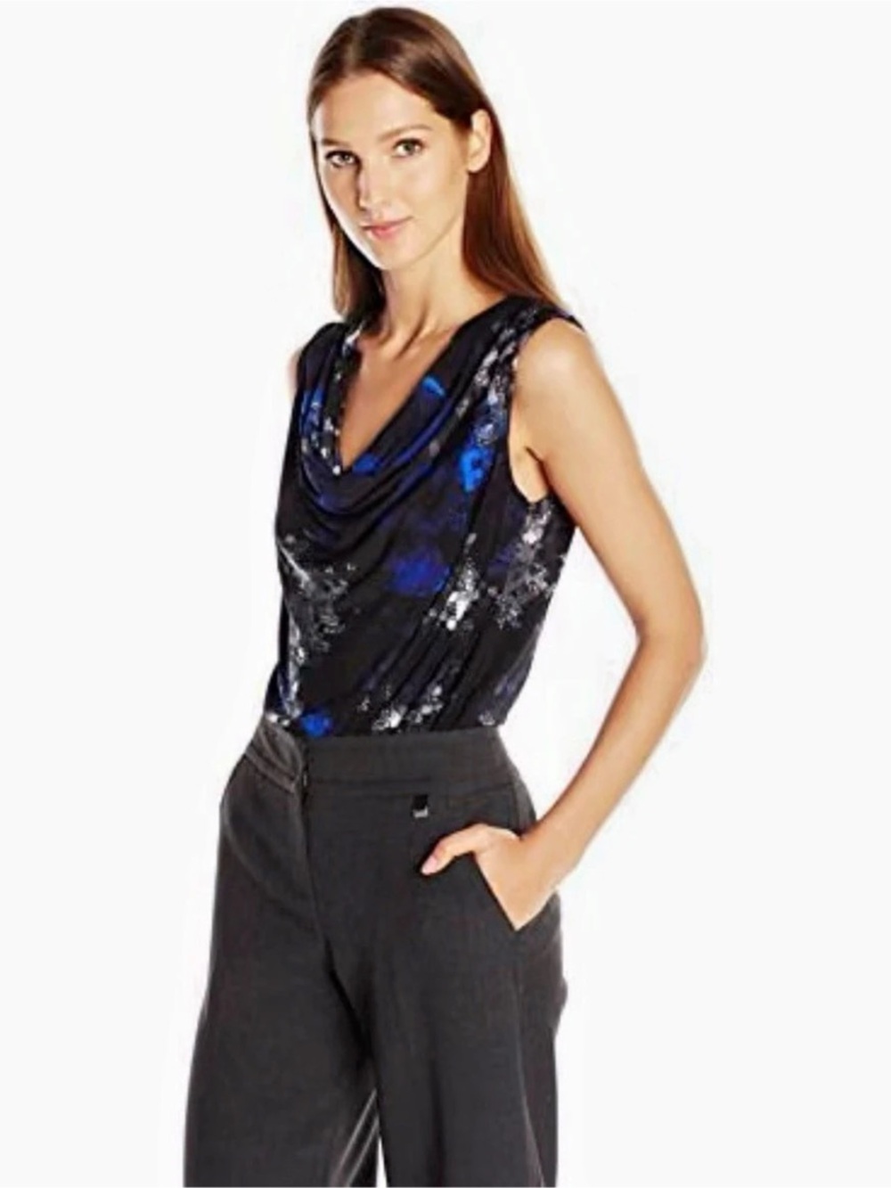 Ellen Tracy Black Blue Abstract Print Sleeveless Cowl Neck Blouse